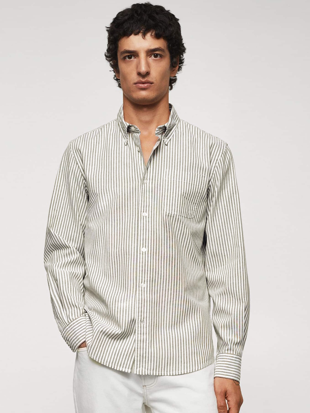 

MANGO MAN Pure Cotton Slim Fit Striped Casual Shirt, White