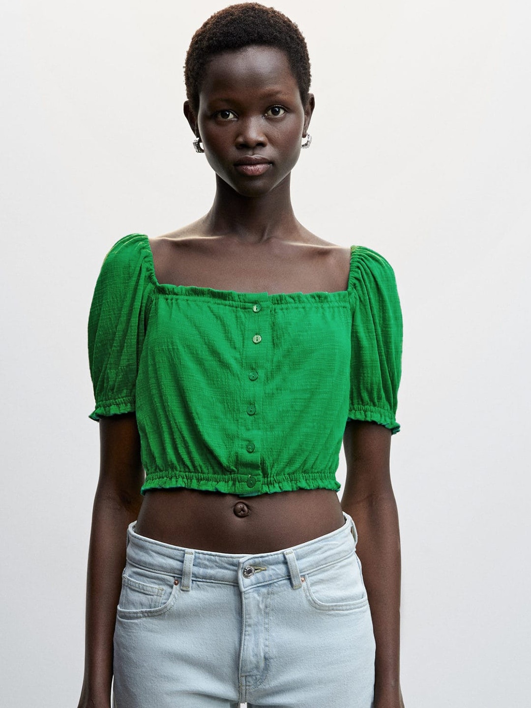 

MANGO Square Neck Ribbed Hem Crop Top, Green