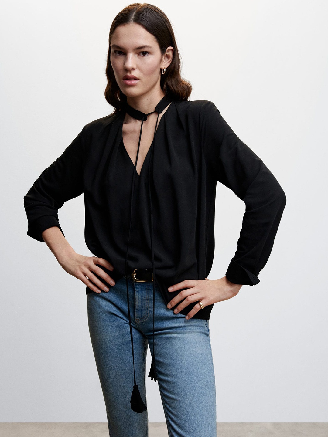 

MANGO Solid Tie-Up Neck Top, Black