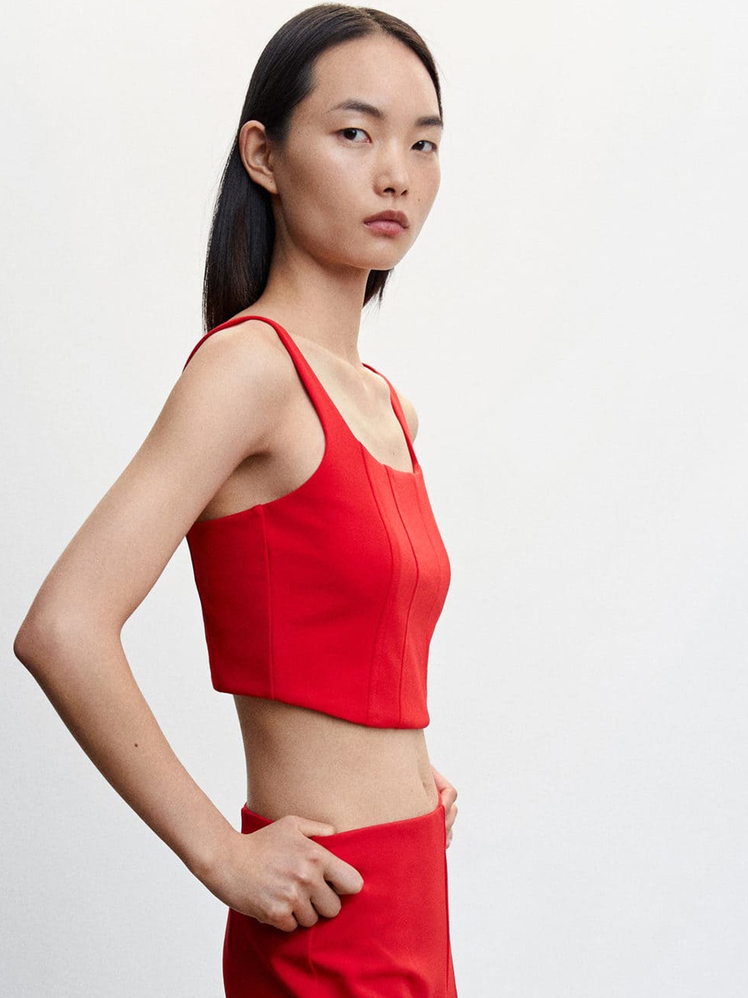 

MANGO Valentine Collection Sustainable Fitted Corset Crop Top, Red