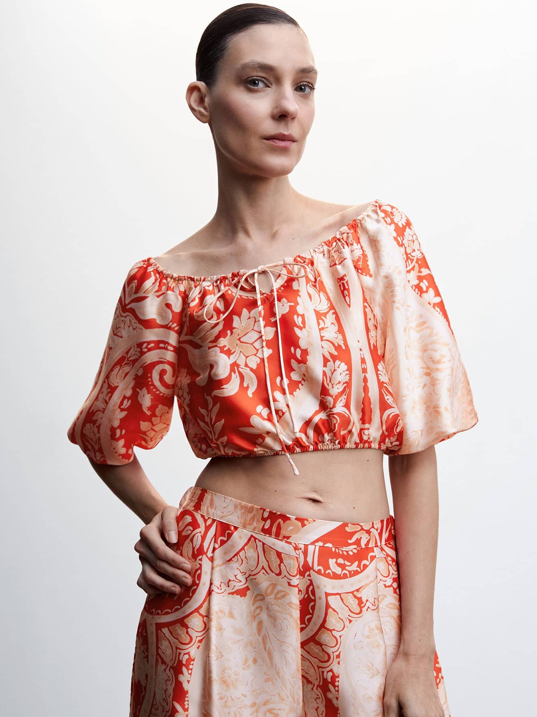 

MANGO Ethnic Printed Tie-Up Neck Blouson Crop Top, Orange