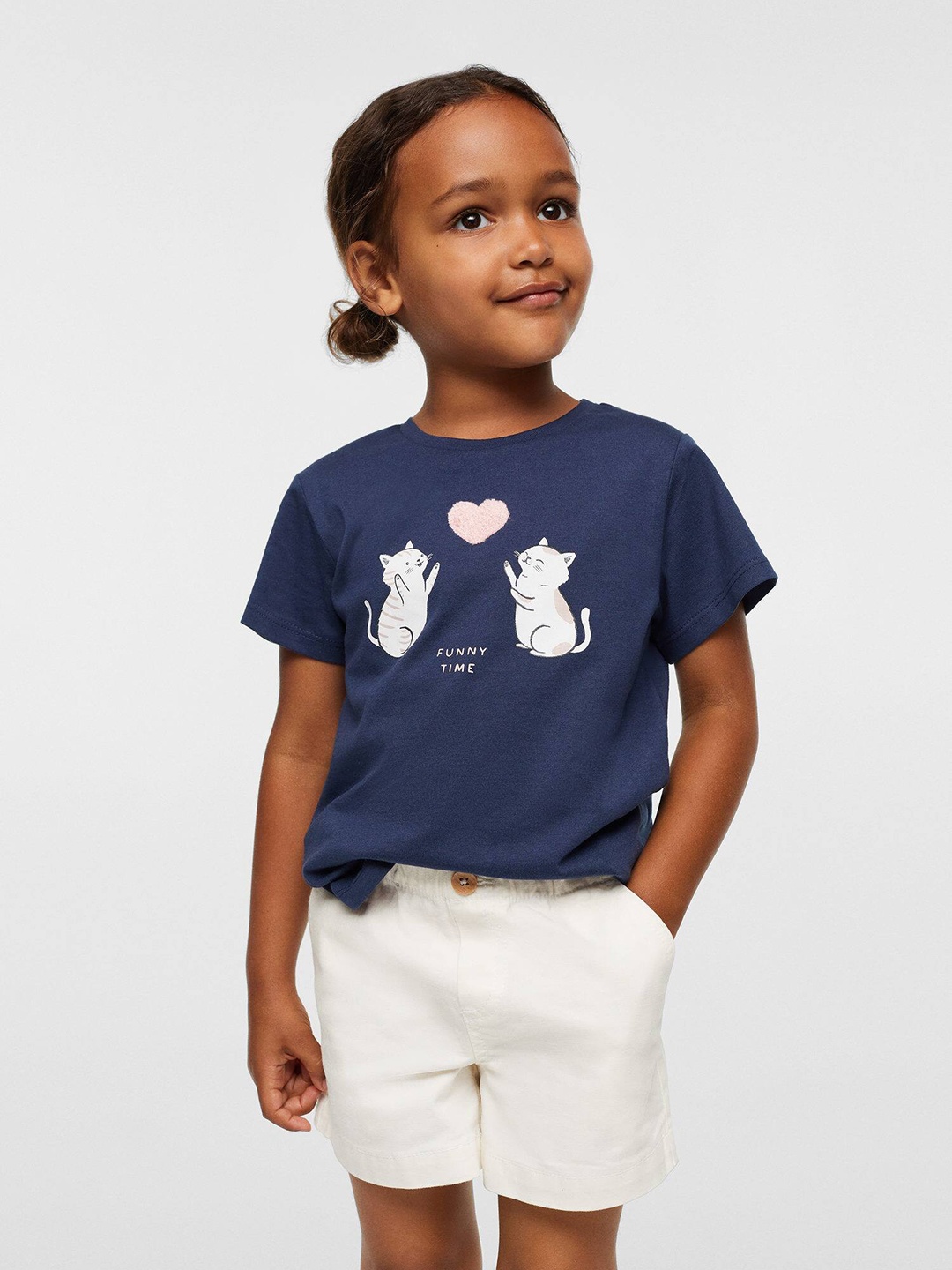 

Mango Kids Girls Graphic Printed Applique Detail Pure Cotton Sustainable T-shirt, Navy blue