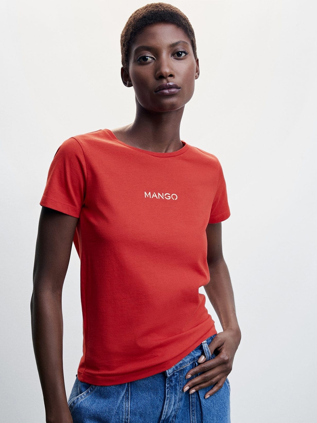 MANGO Brand Logo Printed Cotton T-shirt, Red