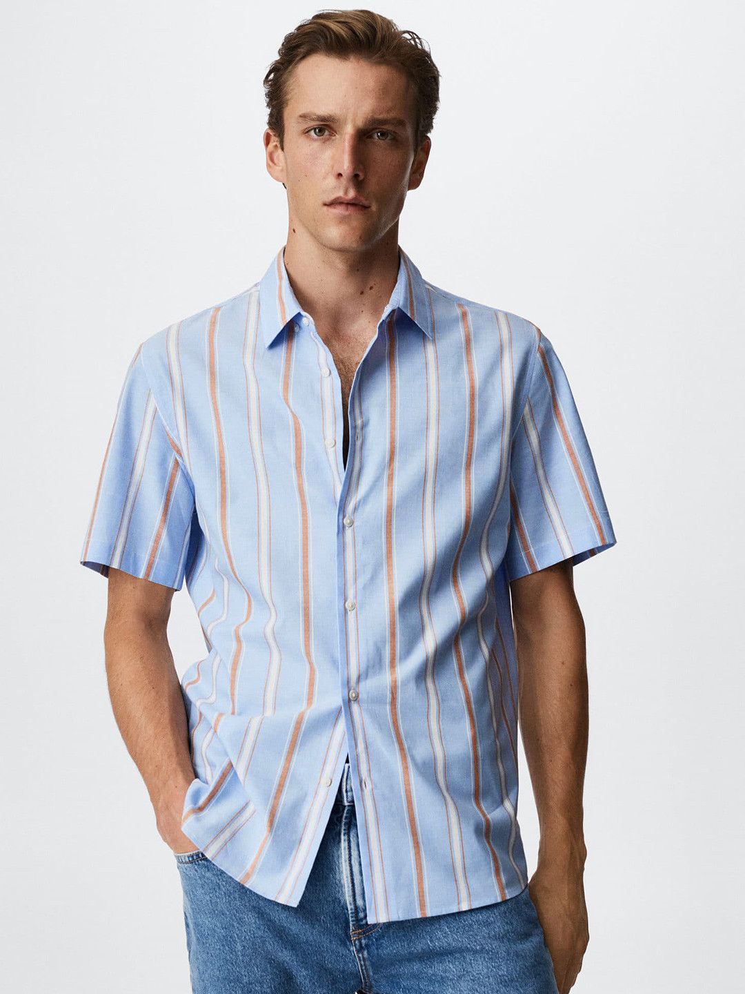 

MANGO MAN Cotton Striped Regular Fit Casual Shirt, Blue