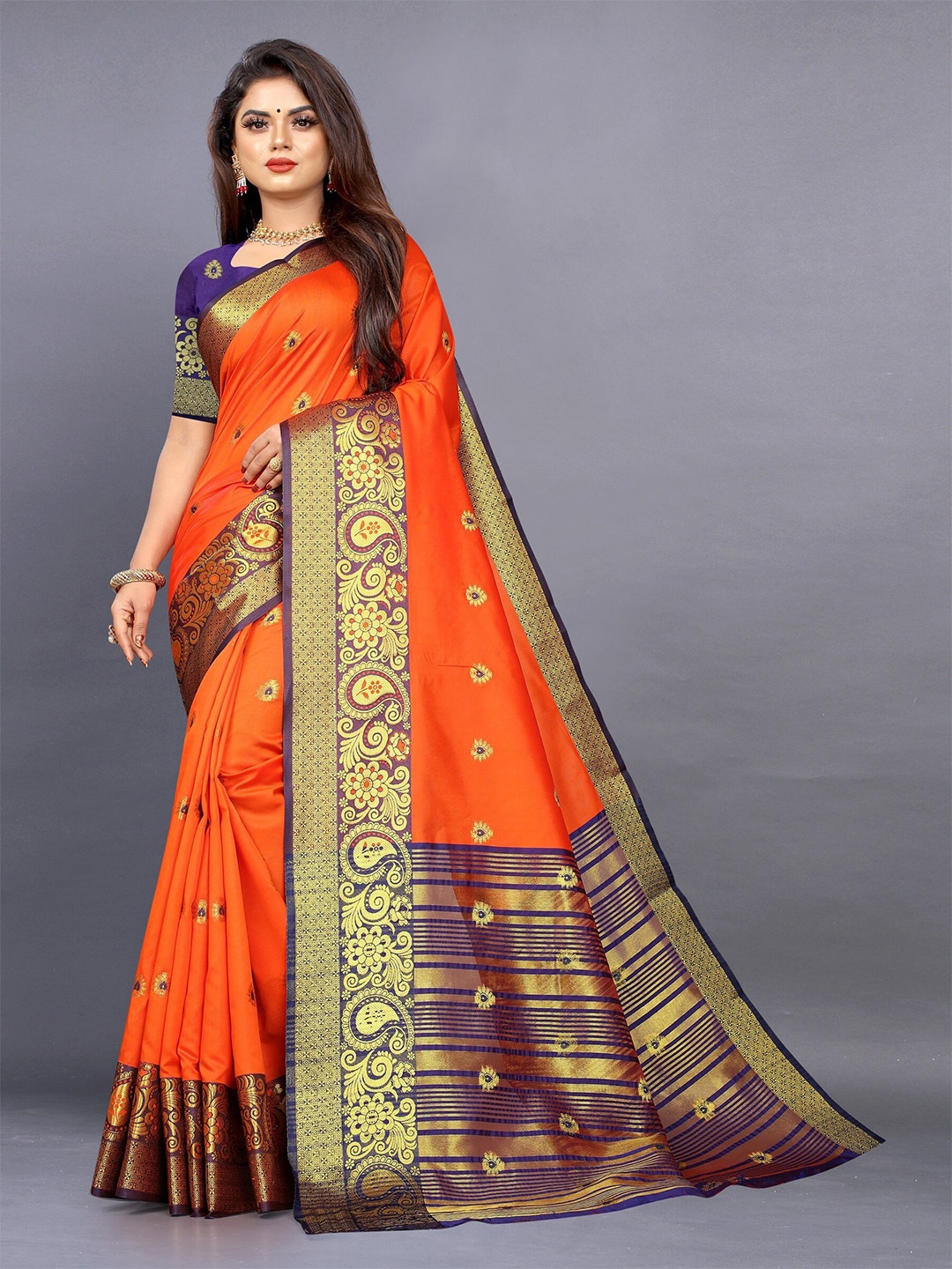 

KALINI Ethnic Motifs Zari Jute Silk Banarasi Saree, Orange