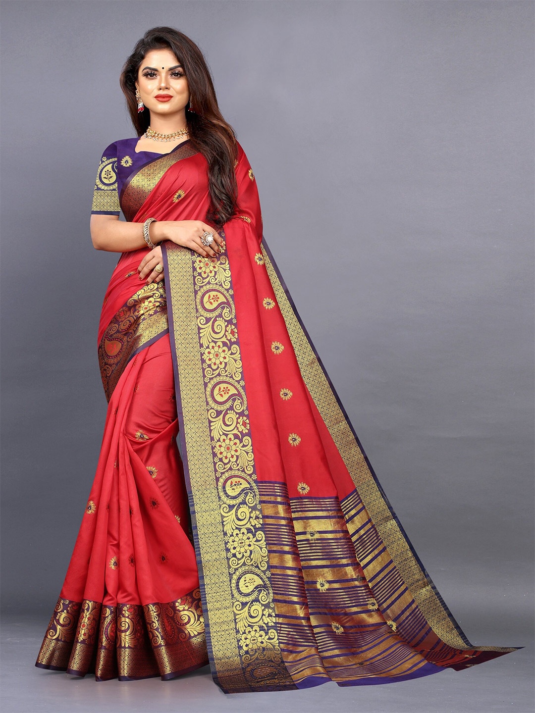 

KALINI Ethnic Motifs Zari Jute Silk Banarasi Saree, Red