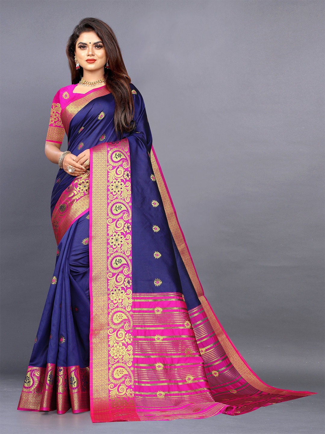 

KALINI Ethnic Motifs Zari Jute Silk Banarasi Saree, Navy blue