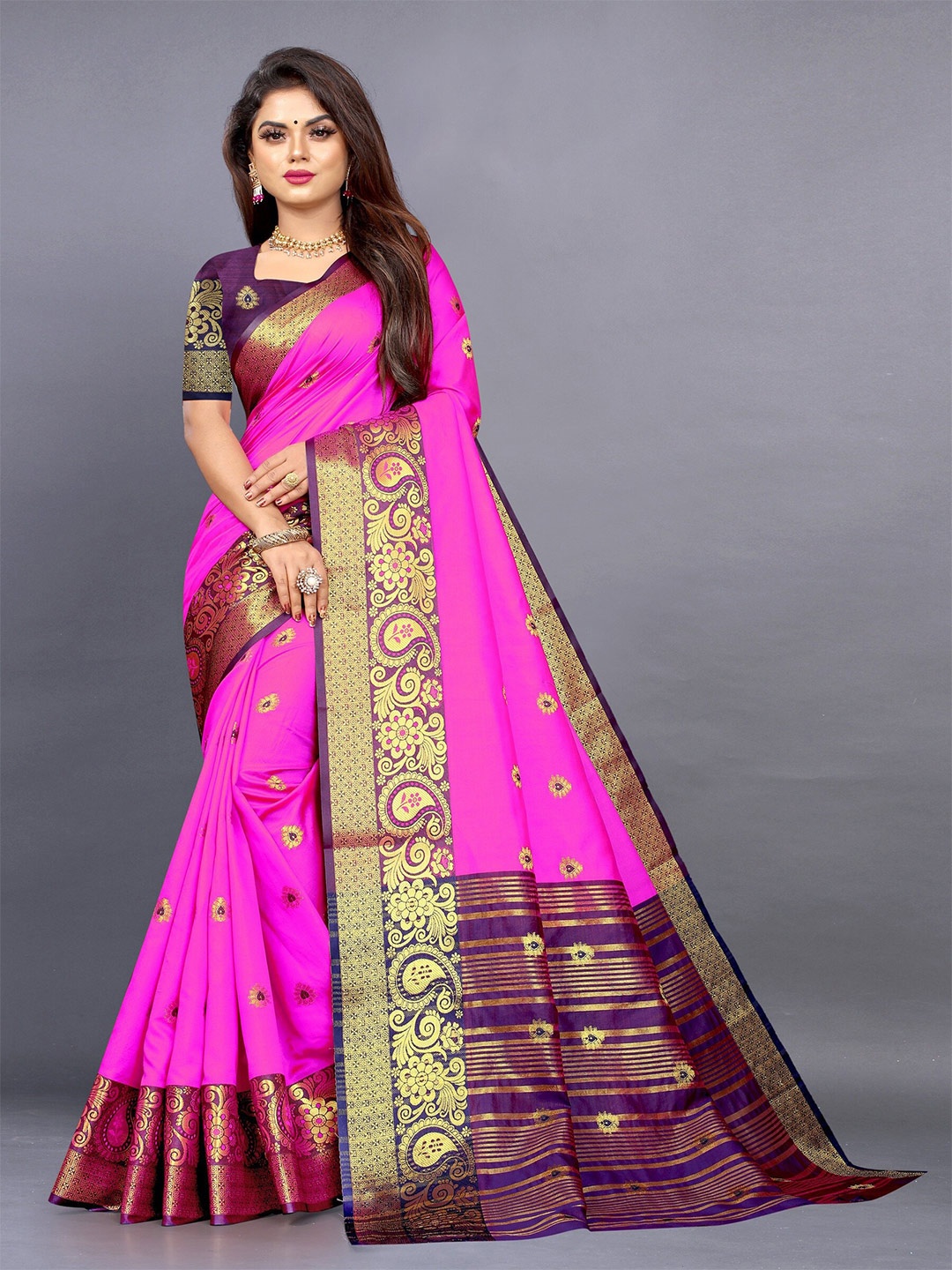 

KALINI Ethnic Motifs Zari Jute Silk Banarasi Saree, Pink