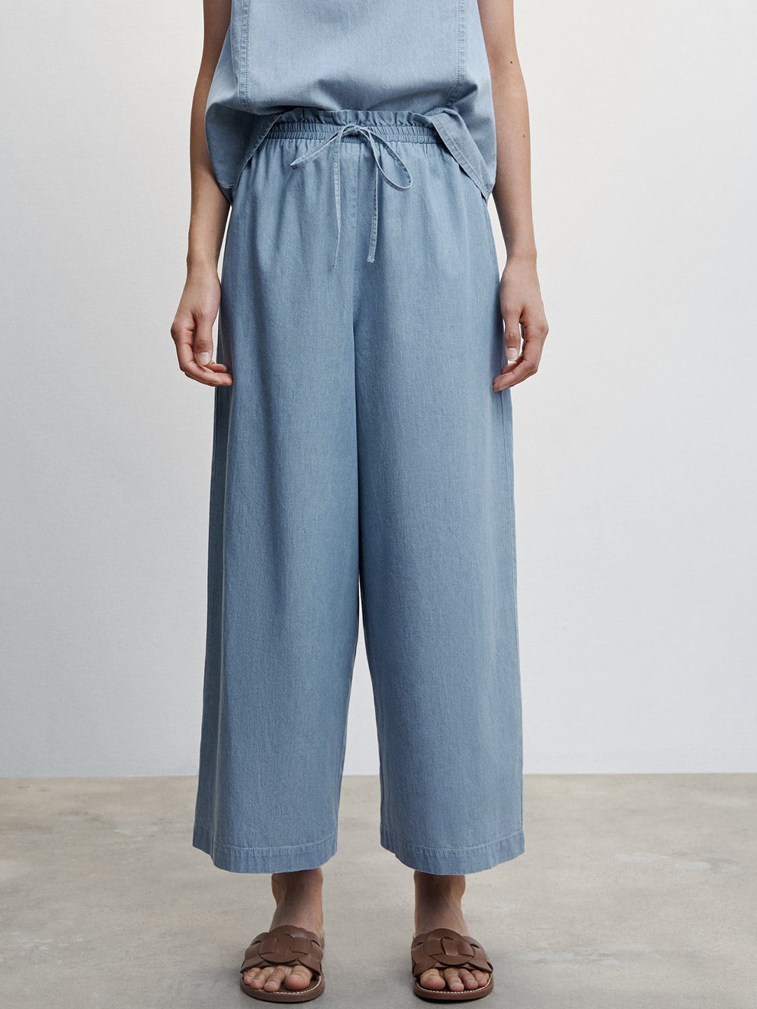 

MANGO Women Pure Cotton Chambray Pleated Culottes Trousers, Blue