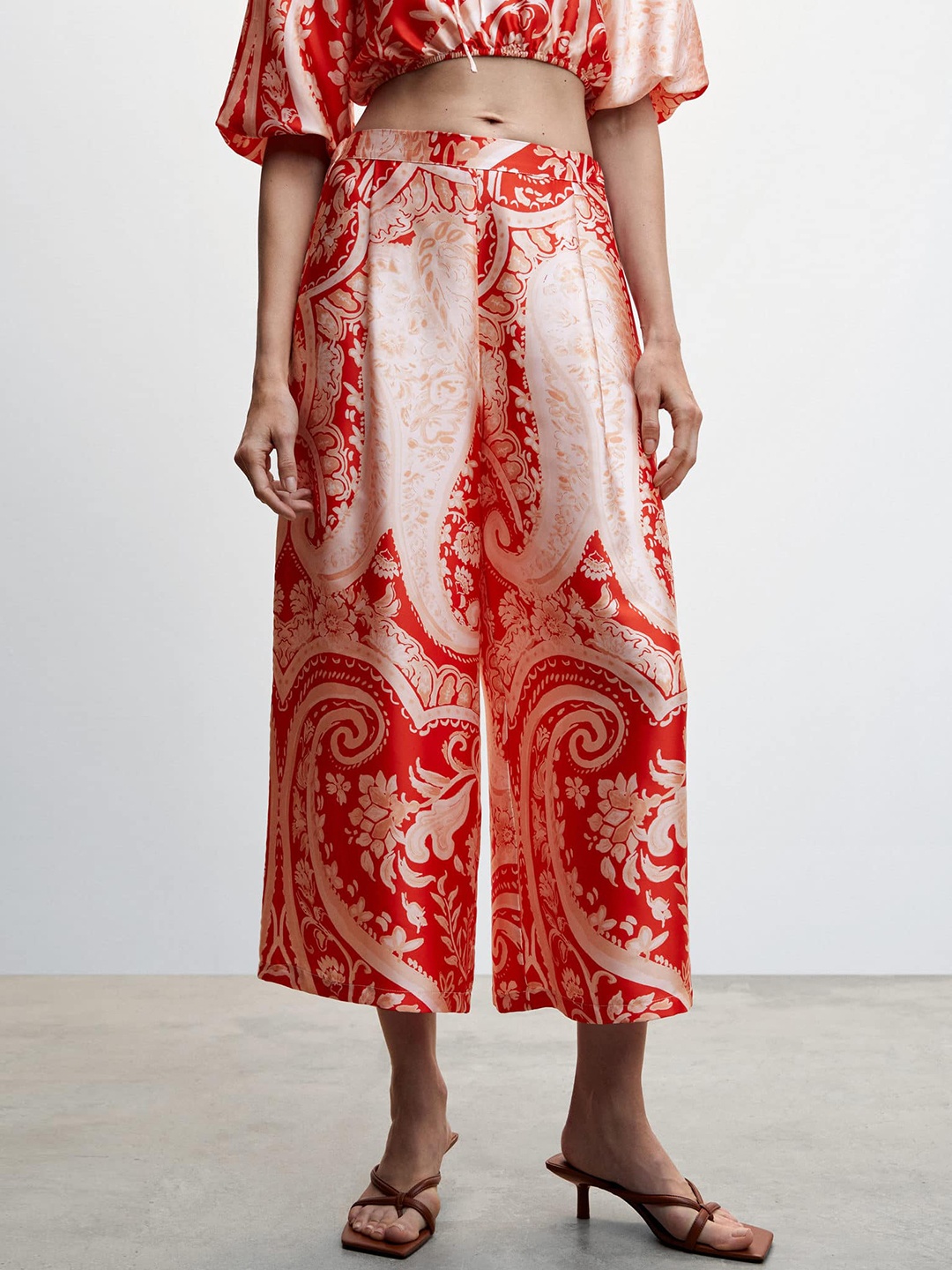 

MANGO Women RegularSatin Finish Baroque Print Culottes, Red