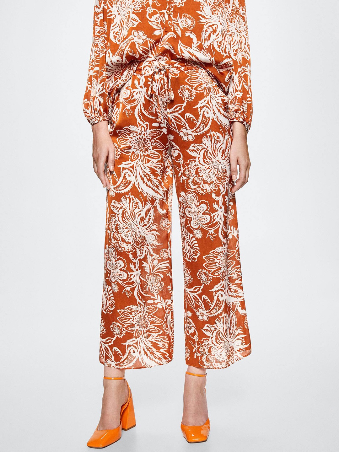 

MANGO Women Floral Printed Trousers, Rust