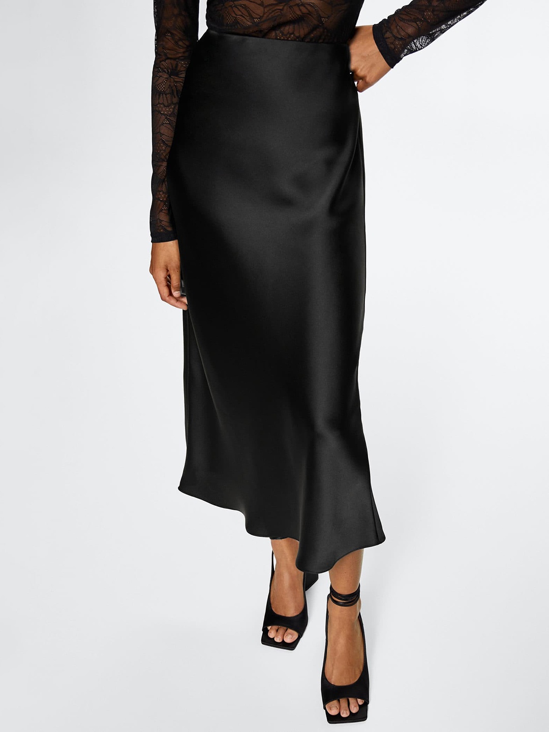 

MANGO Solid Satin Flared Midi Skirt, Black
