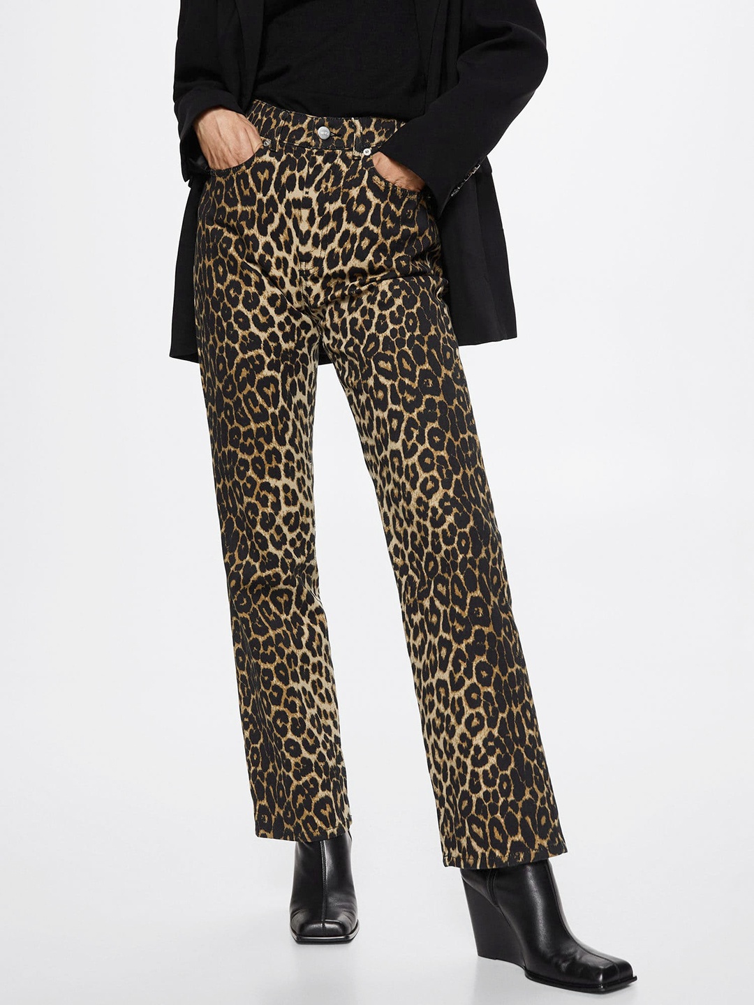 

MANGO Women Animal Print Pure Cotton Straight Fit Jeans, Brown