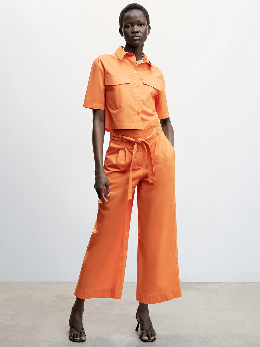 

MANGO Women Cotton Pleated Culottes With Belt, Rust