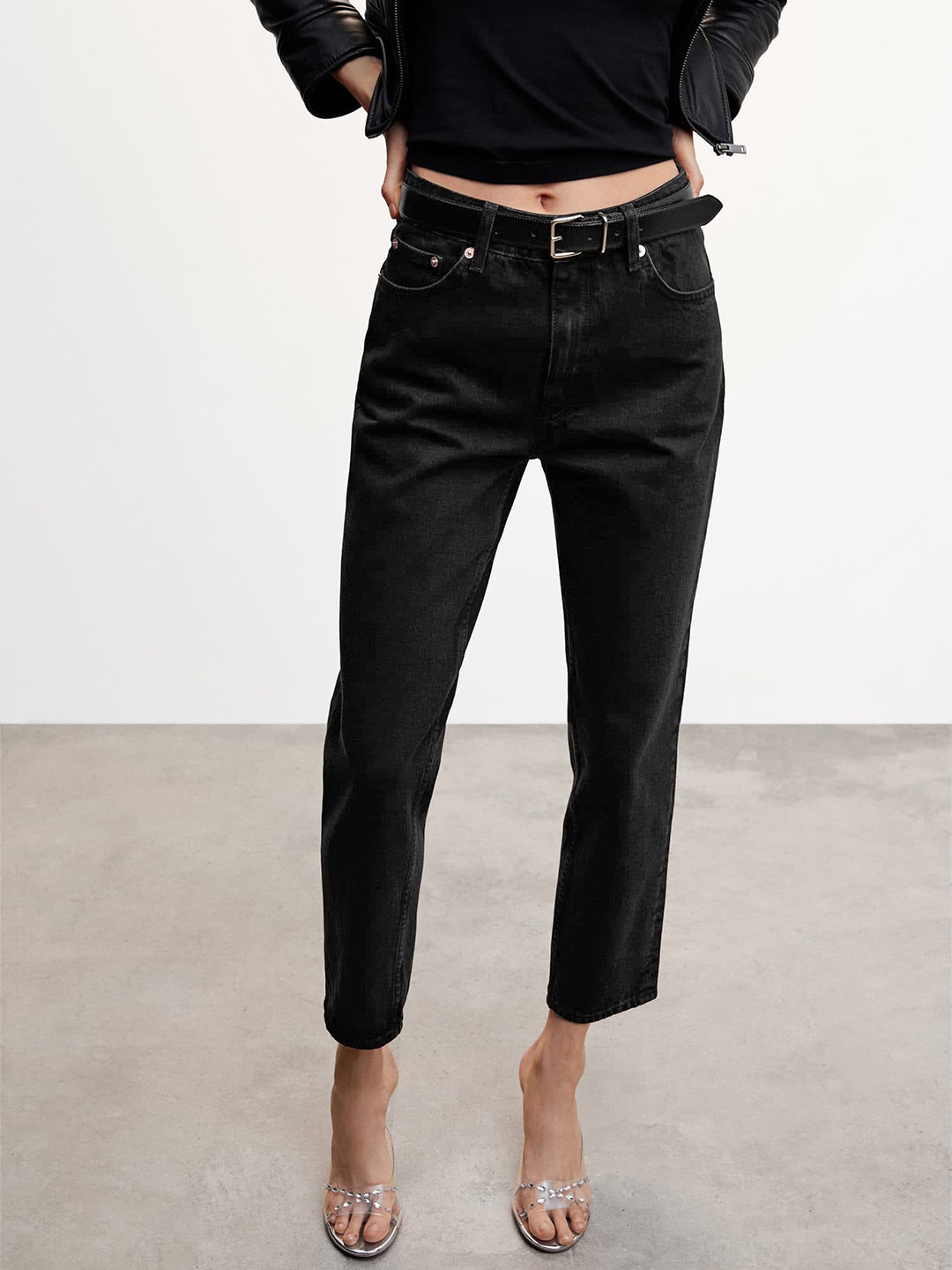

MANGO Cotton Mom Fit High-Rise Jeans, Black