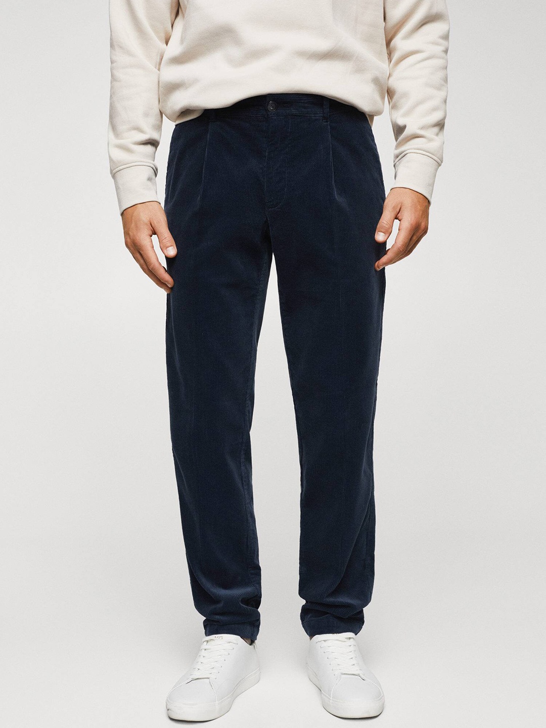 

MANGO MAN Corduroy Pure Cotton Pleated Trousers, Navy blue