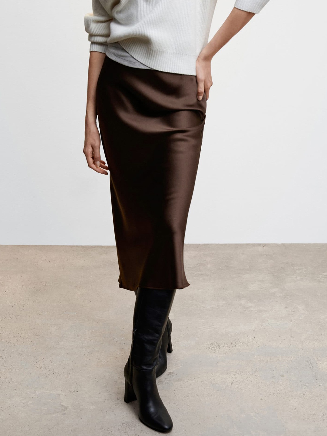 

MANGO Solid Satin Flared Midi Skirt, Brown