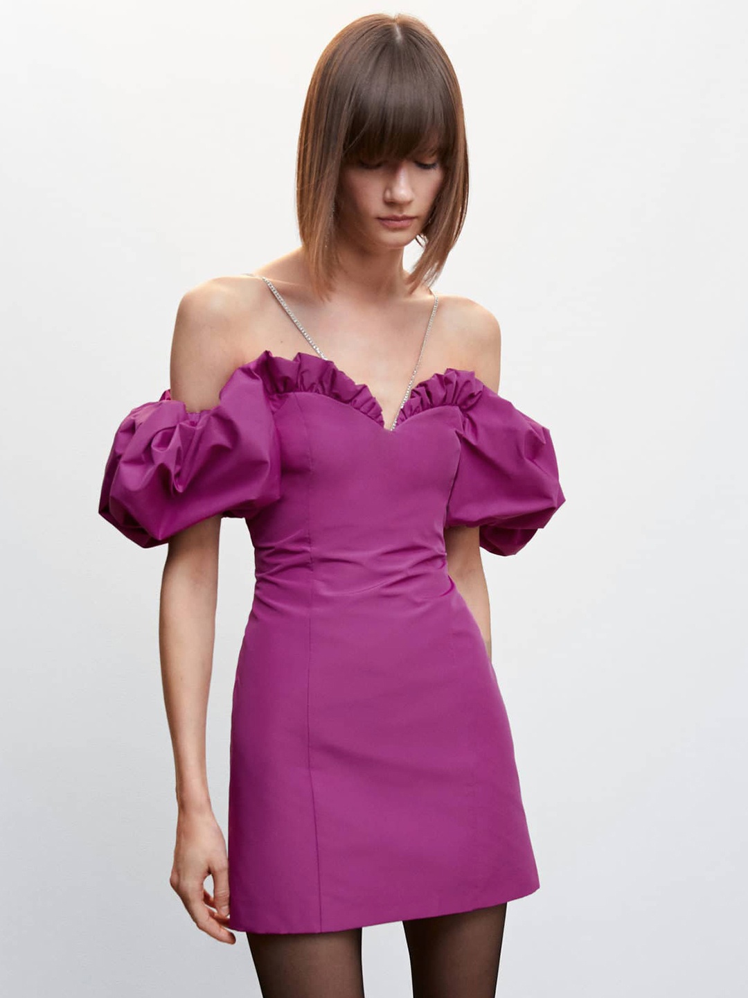 

MANGO Jewel Straps Ruffle Puff Sleeves Sustainable Sheath Mini Dress, Purple