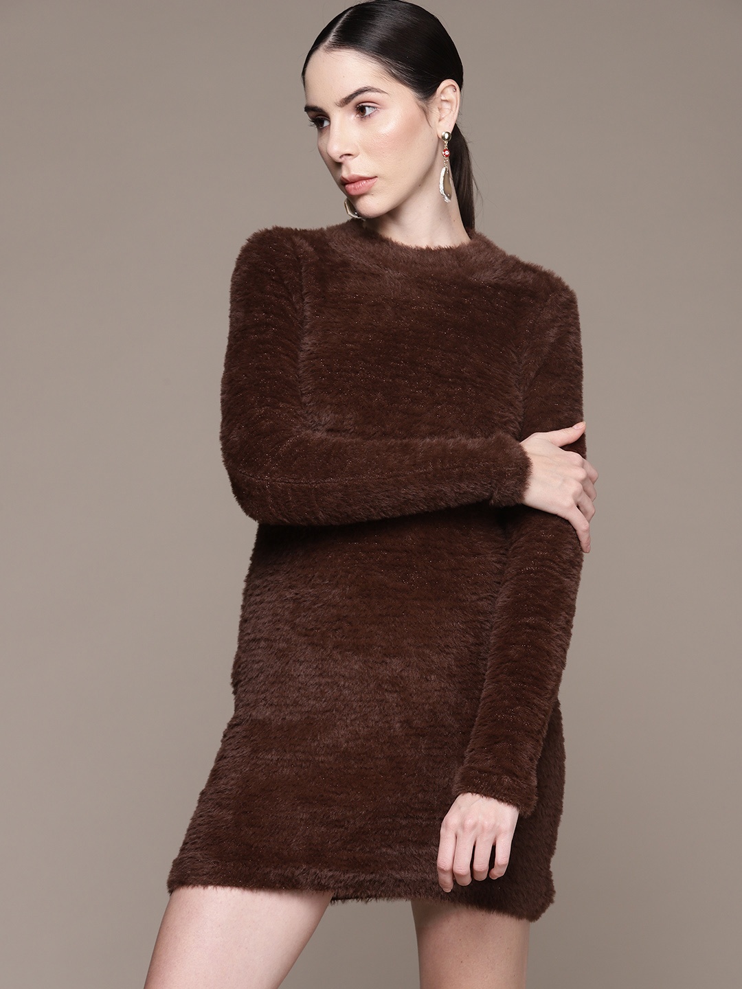 

MANGO Knitted Sweater Dress with Faux Fur Effect, Brown