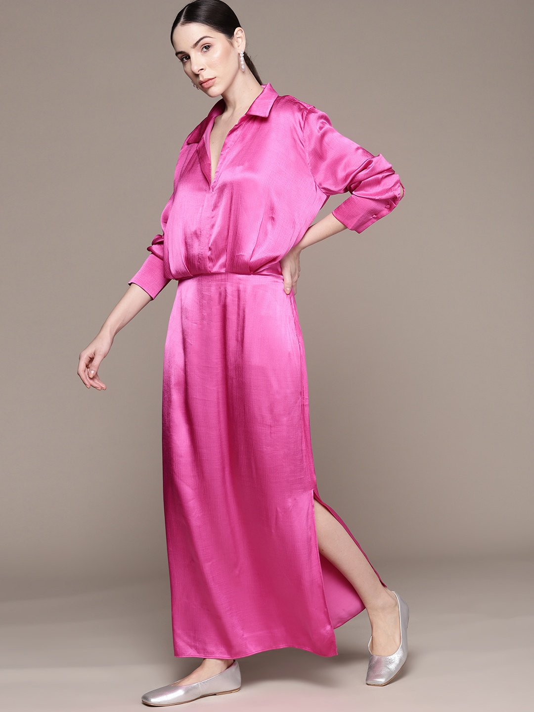 

MANGO Shirt Collar Satin Maxi Dress, Pink
