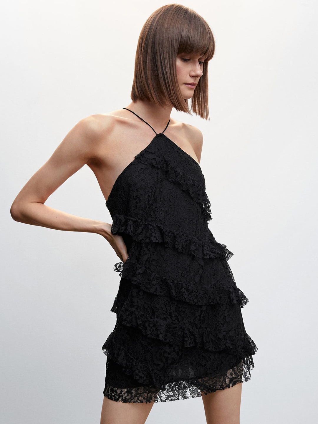 

MANGO Ruffles Lace Sheath Mini Dress, Black