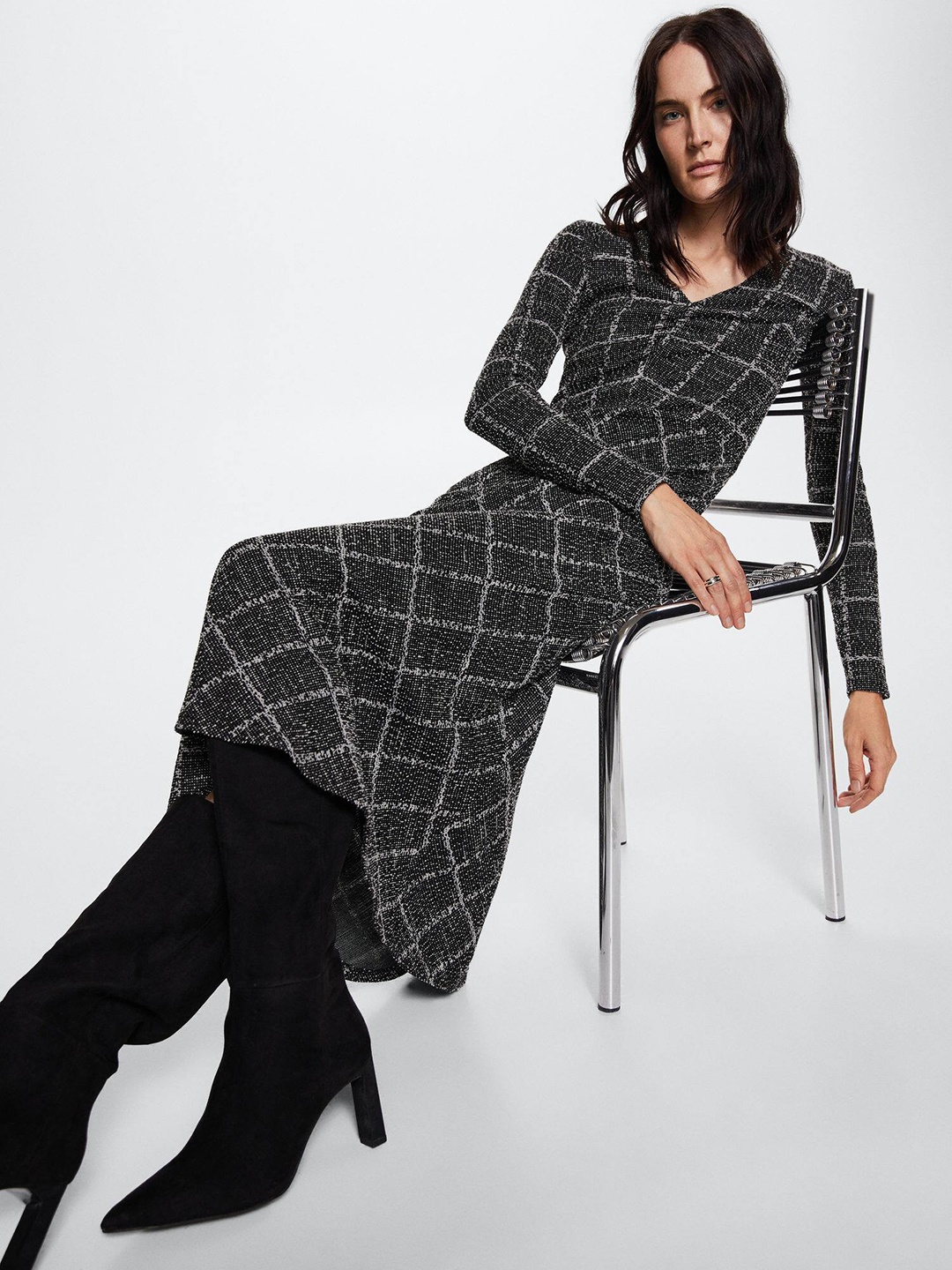 

MANGO Sustainable Self-Checked A-Line Midi Dress, Black