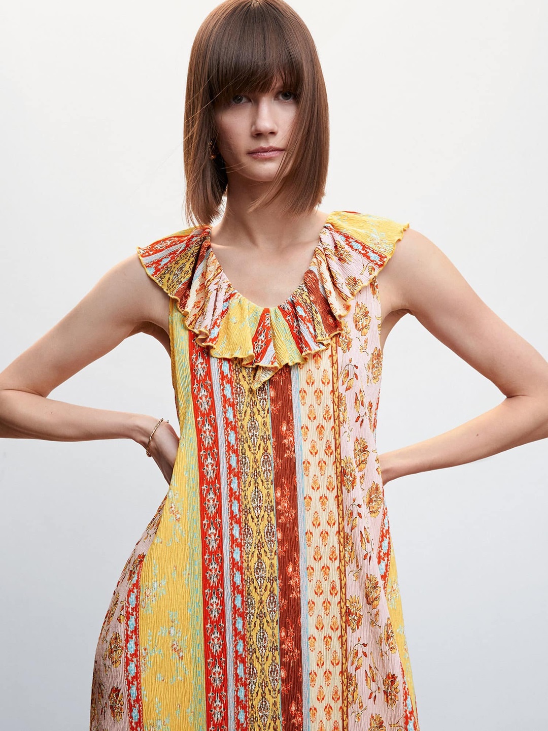

MANGO Ethnic Motifs A-Line Midi Dress, Yellow