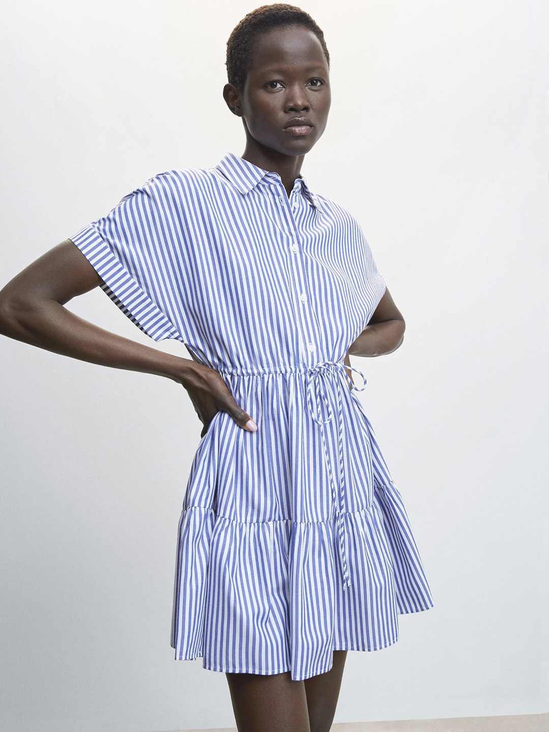 

MANGO Striped Sustainable A-Line Dress, White