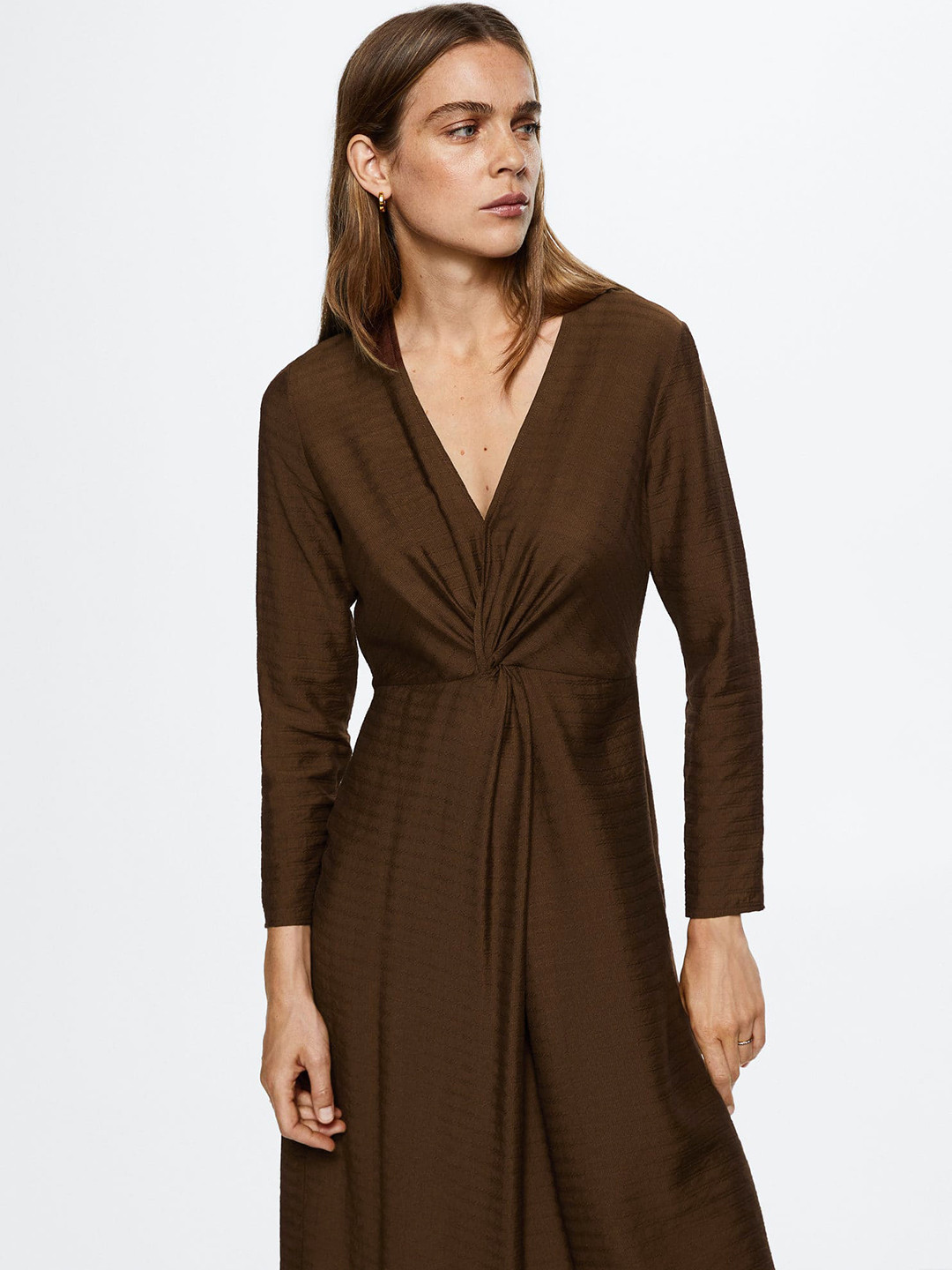 

MANGO Sustainable V-Neck A-Line Midi Dress, Brown