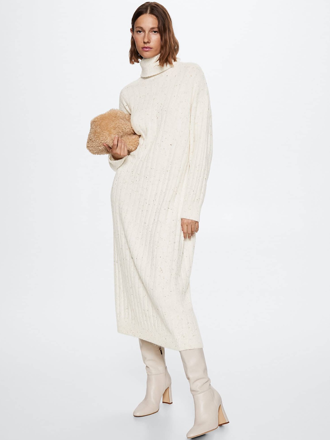 

MANGO Turtle Neck Speckled Sweater Midi Dress, Off white