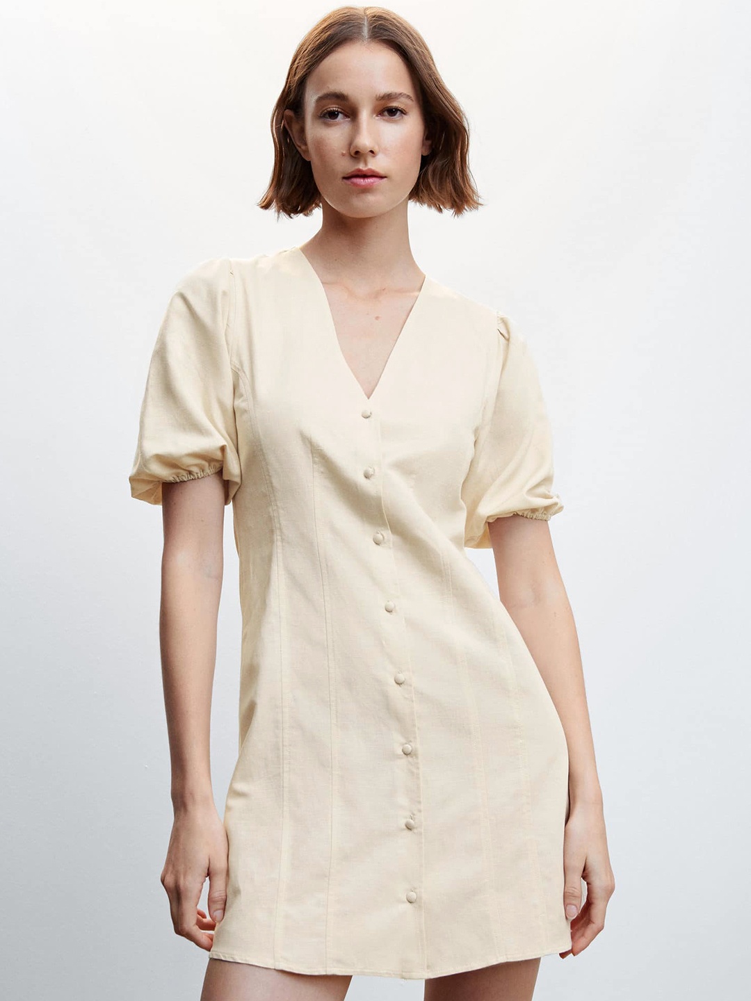 

MANGO Puff Sleeve Sustainable A-Line Dress, Beige