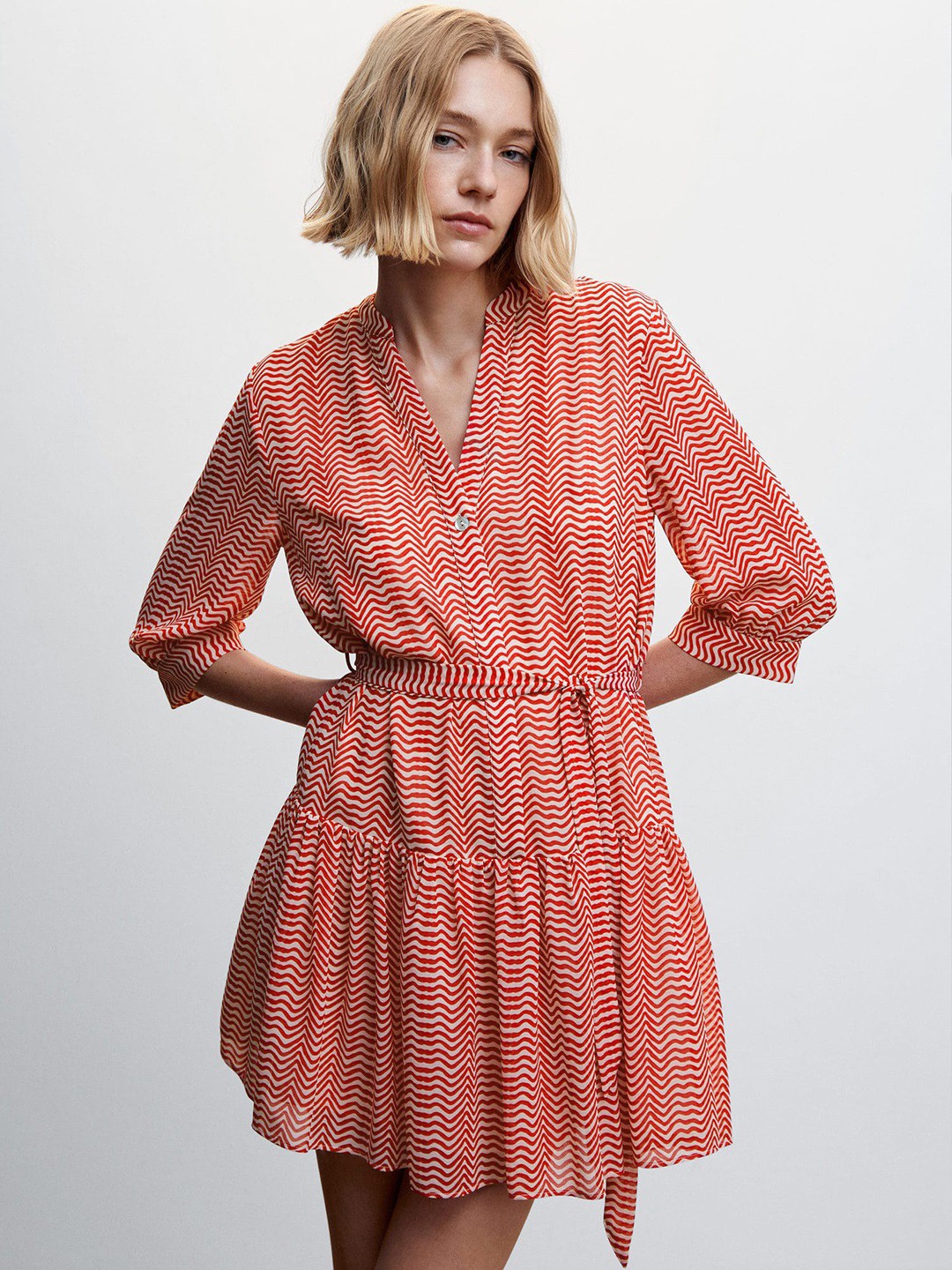 

MANGO Printed Flounce Hem Sustainable A-Line Dress with a Belt, Red