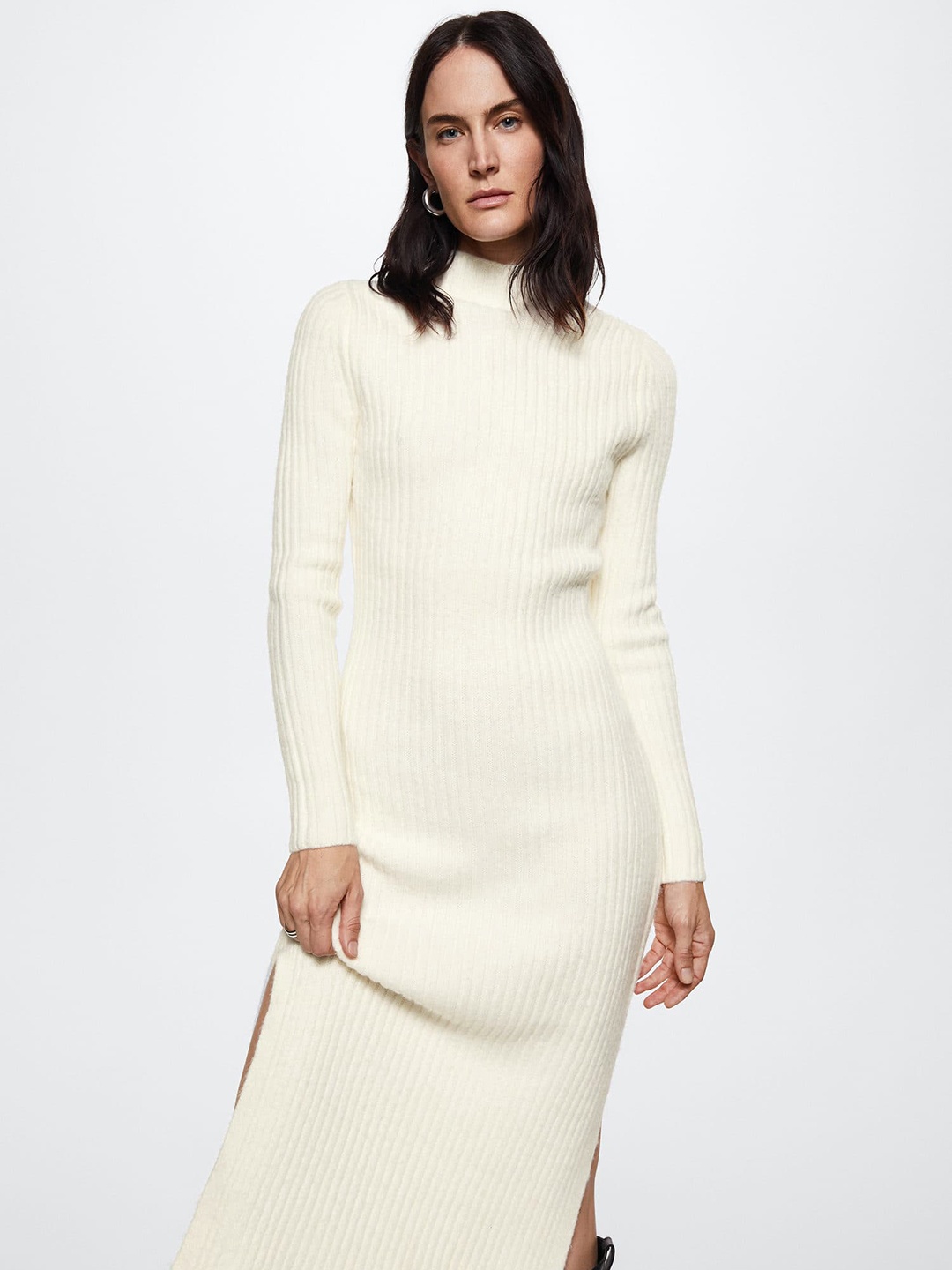 

MANGO Sustainable Ribbed Side Slit Sweater Midi Dress, White