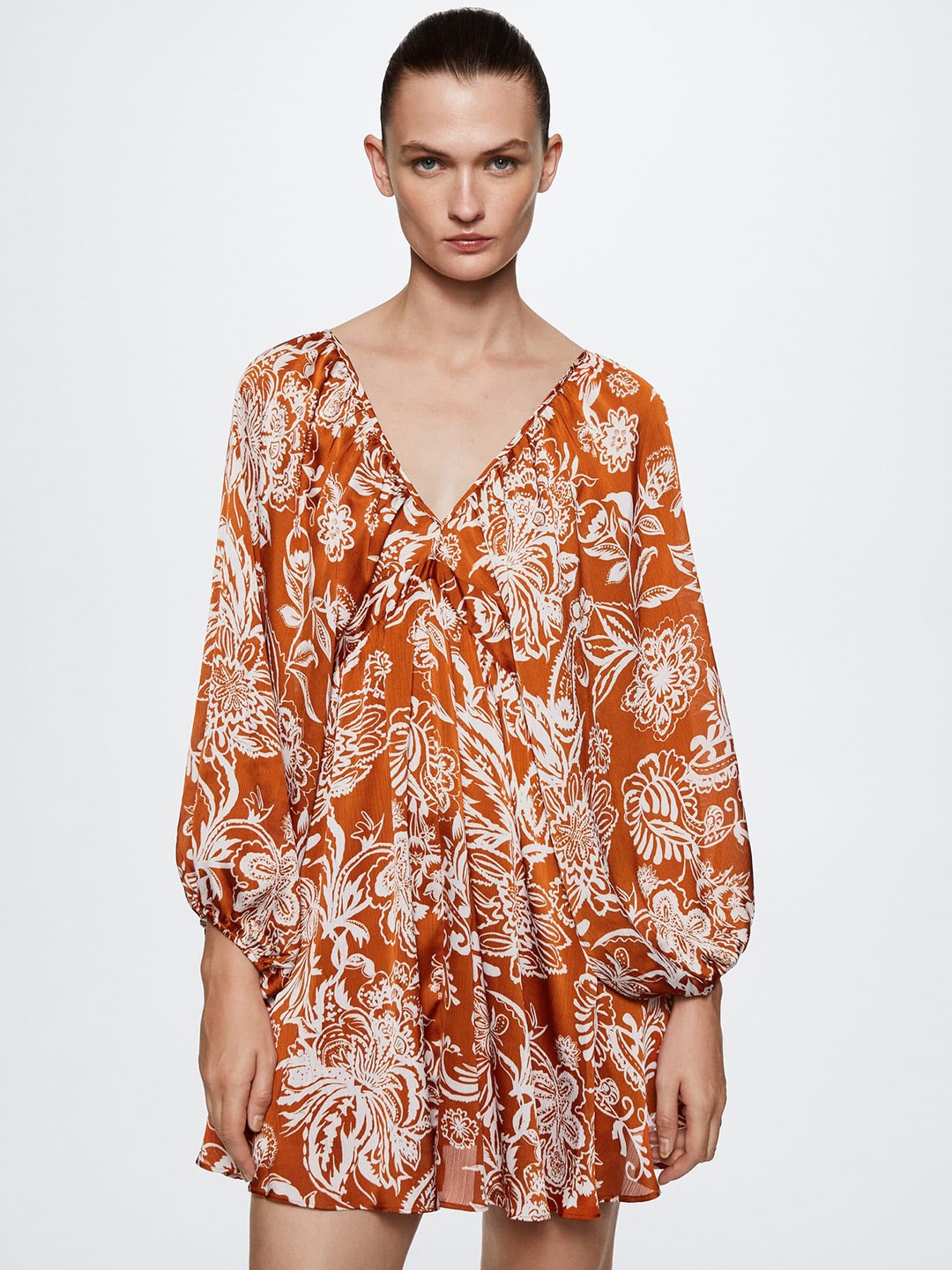 

MANGO Sustainable Floral A-Line Mini Dress, Rust