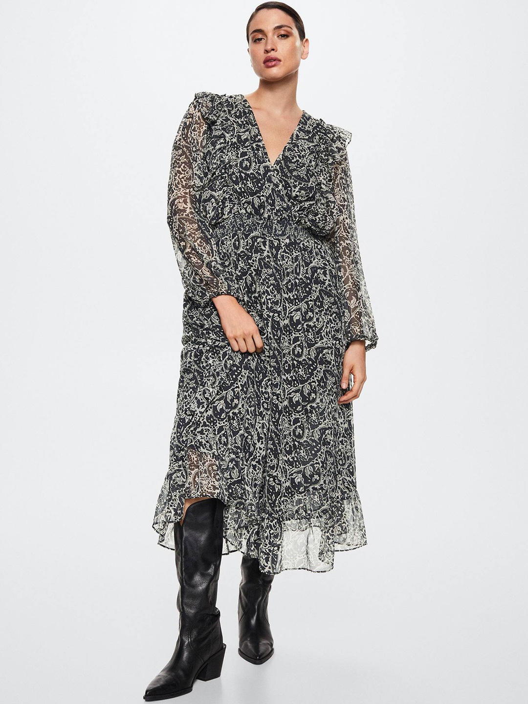 

MANGO Paisley Print A-Line Midi Dress, Black