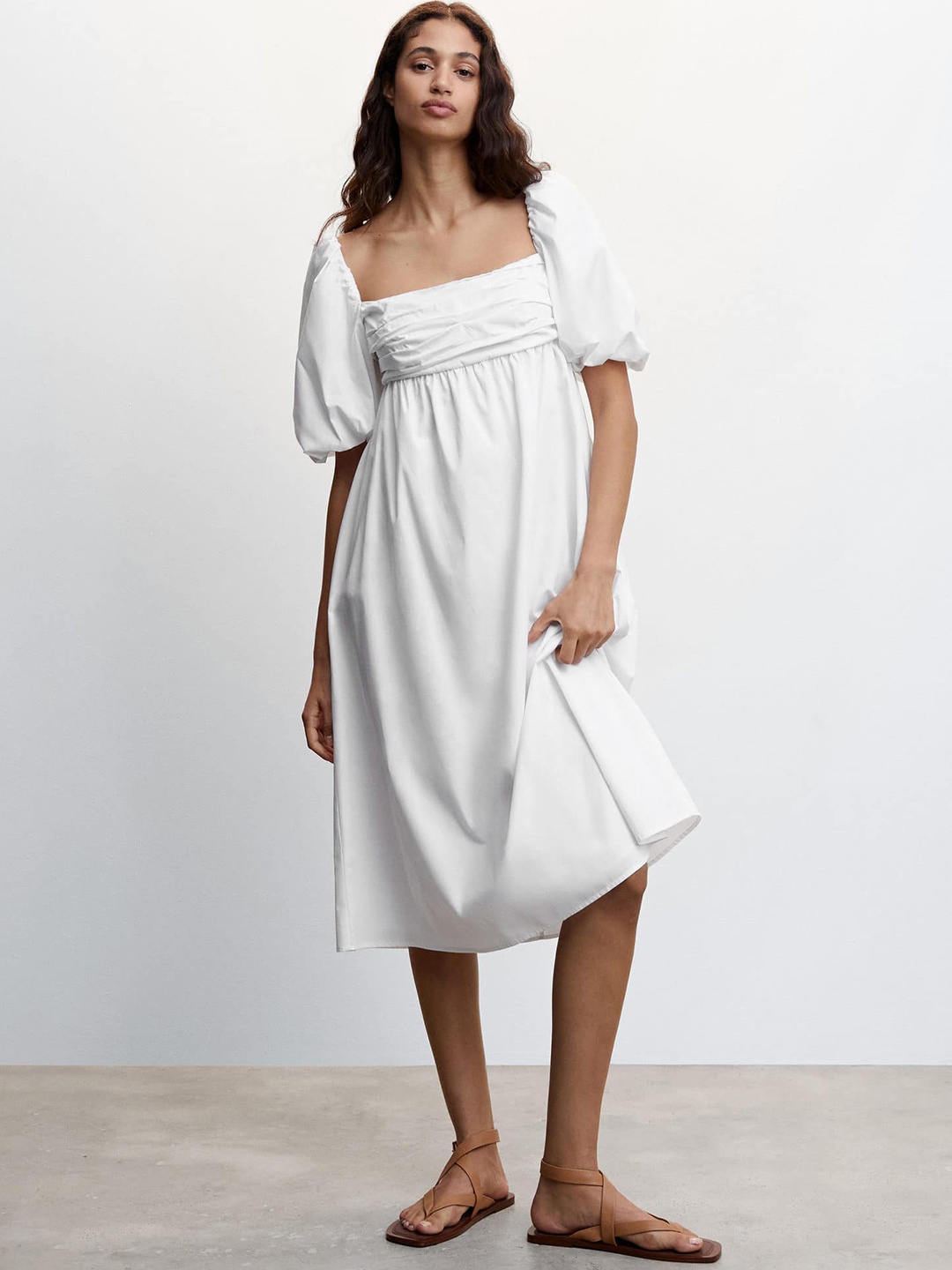 

MANGO Cotton Empire Midi Dress, White