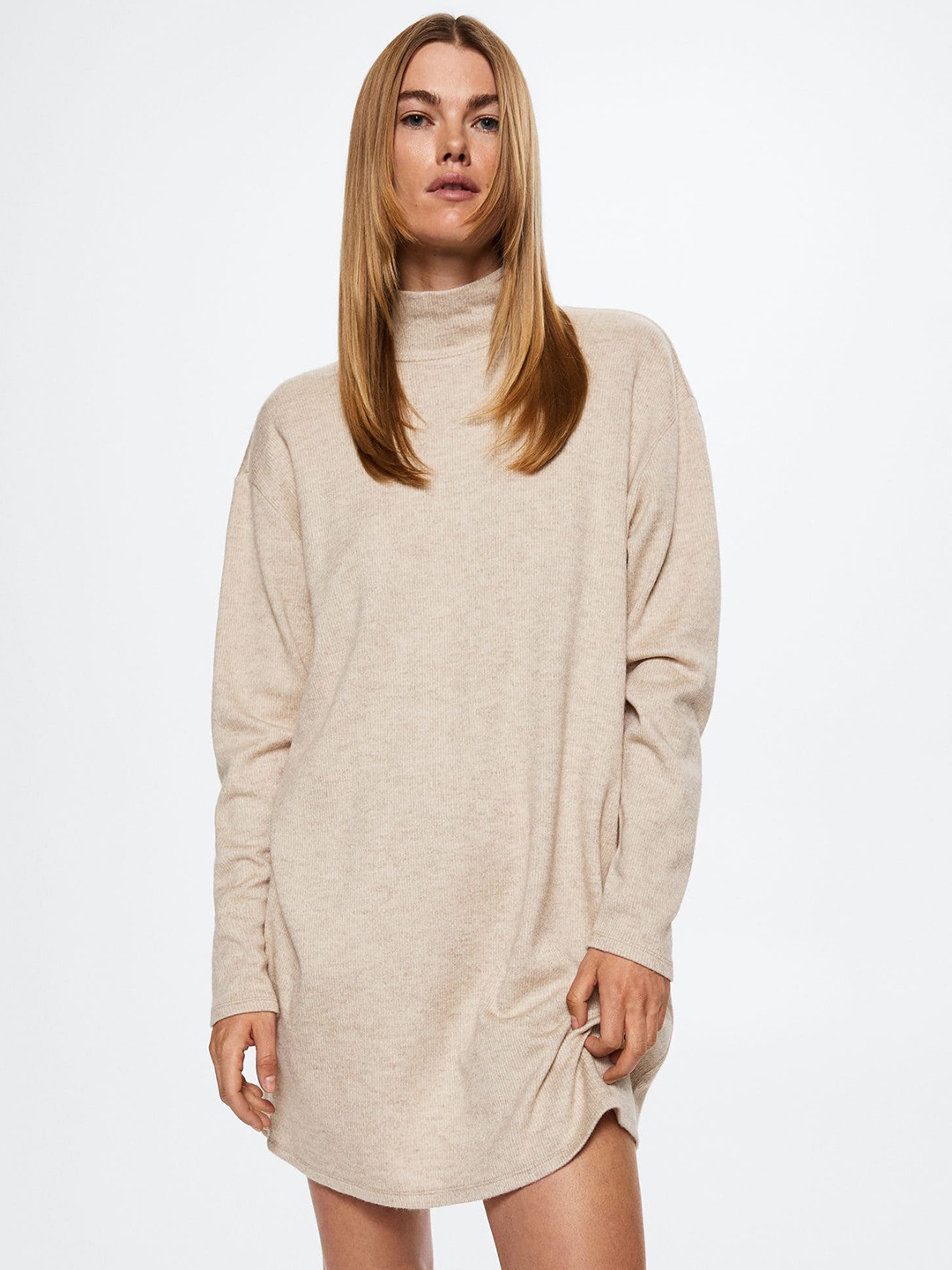 

MANGO Sustainable Turtle Neck Sweater Mini Dress, Beige