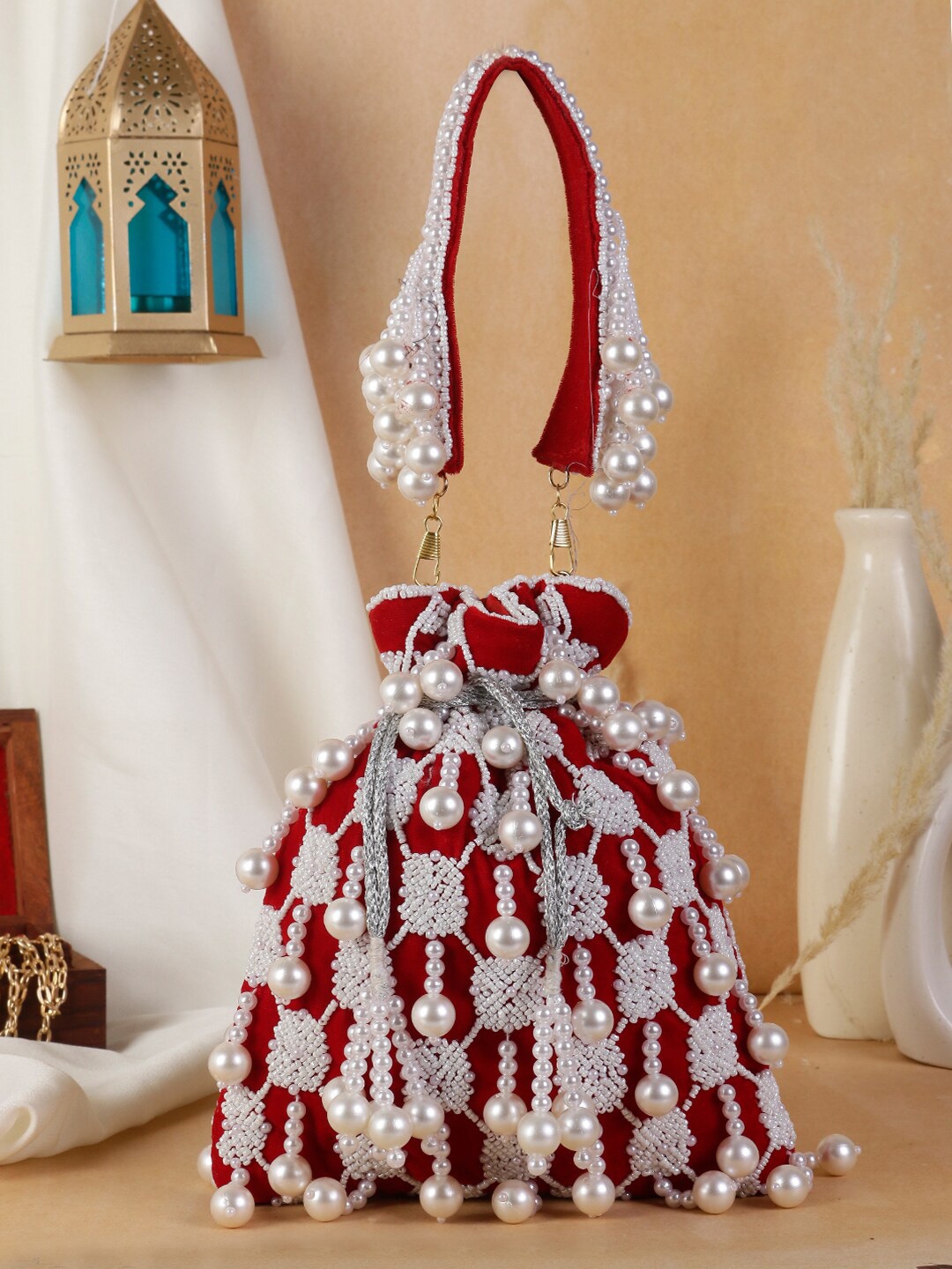 

Swisni Embroidered Potli Clutch, Red