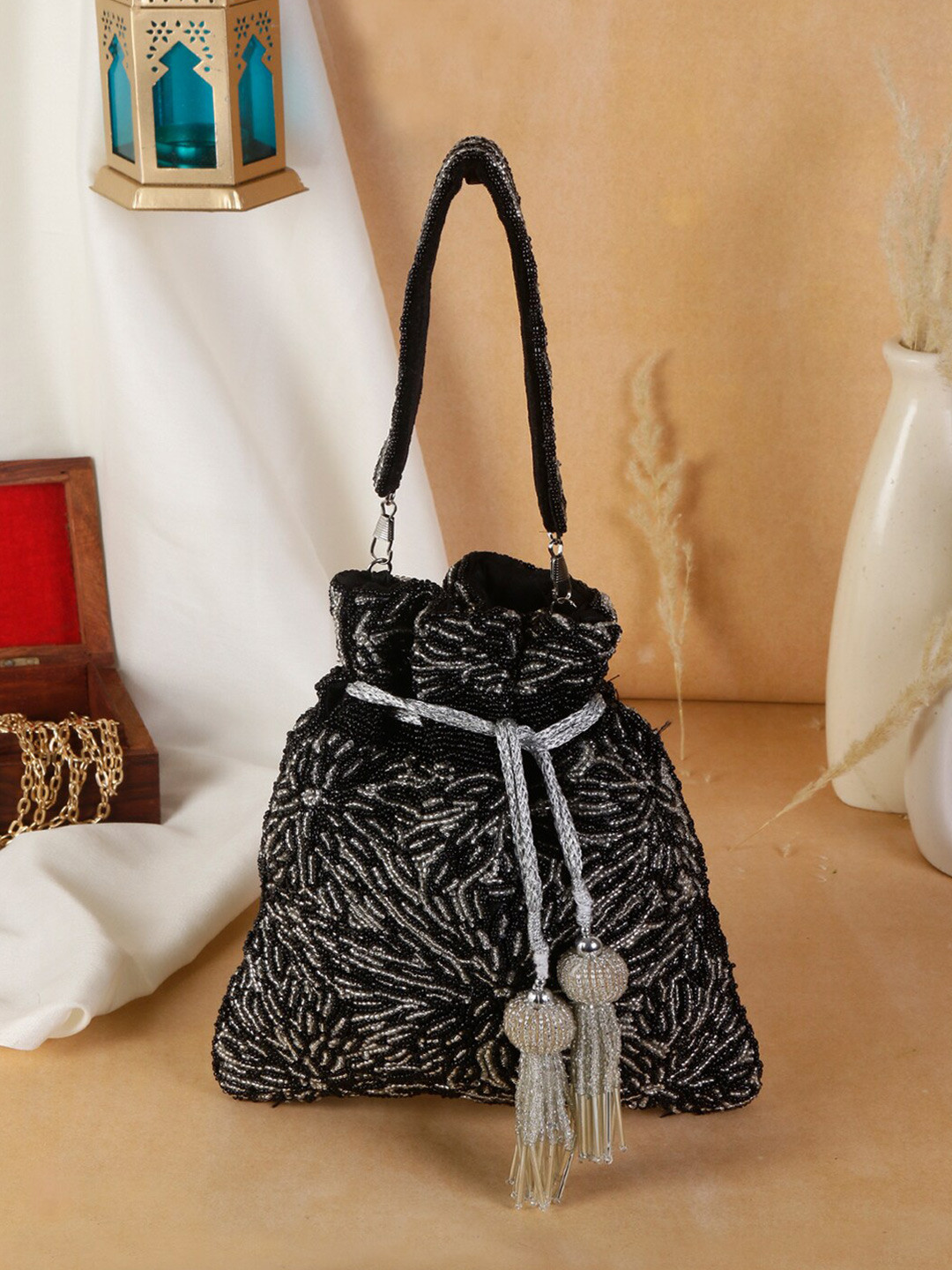 

Swisni Embellished Potli Clutch, Black