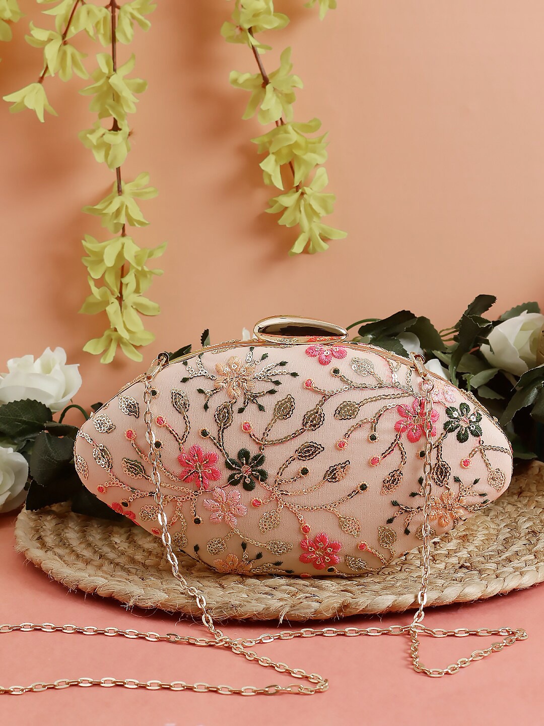 

Swisni Embroidered Box Clutch, Peach