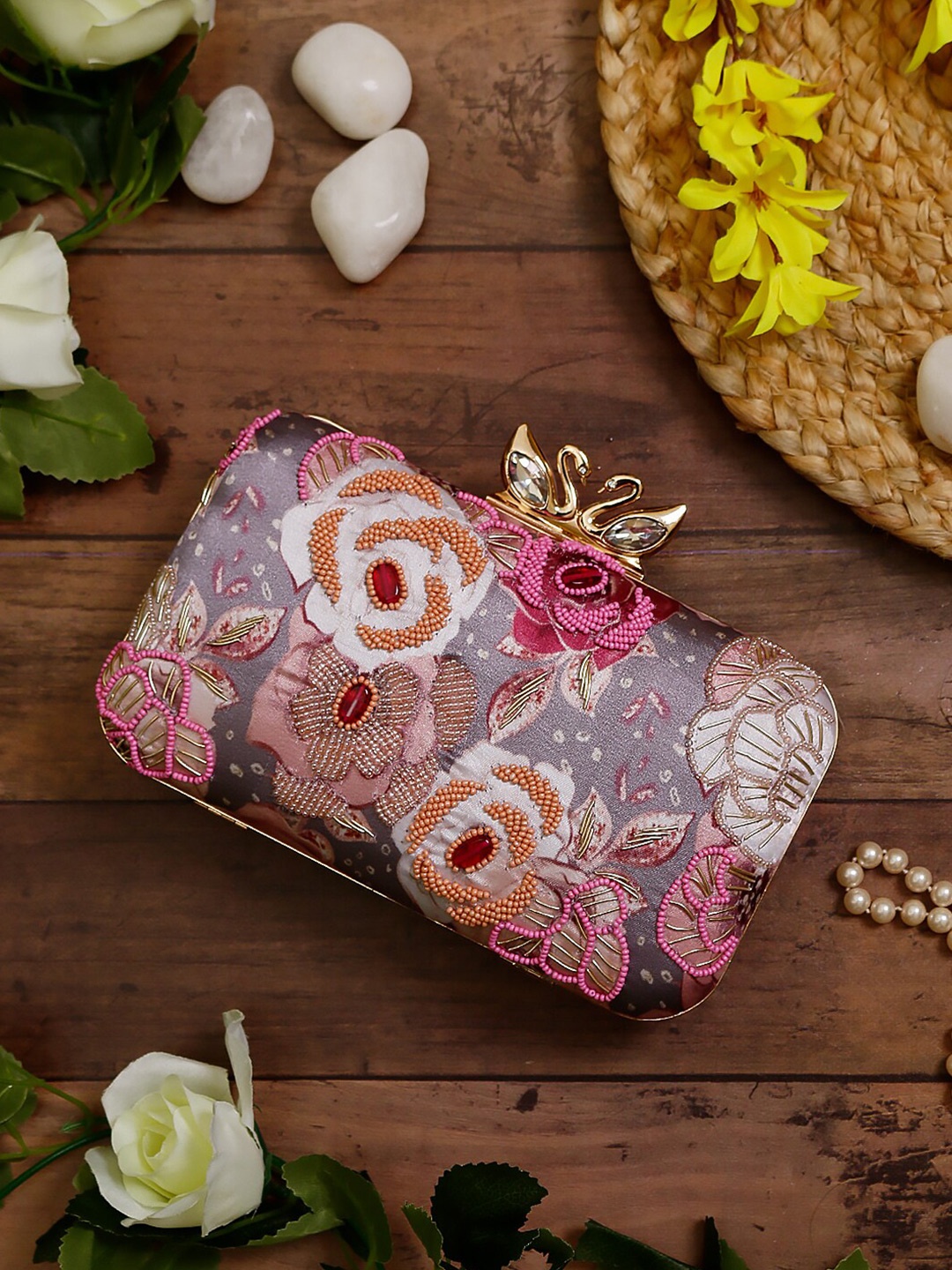 

Swisni Printed Floral Embellished Box Clutch, Pink