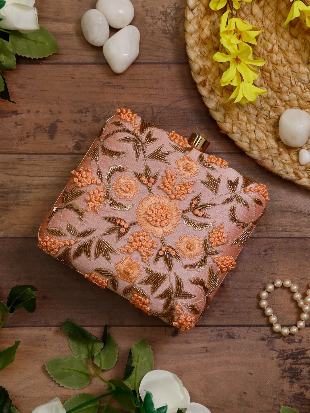 

Swisni Embroidered Box Clutch, Peach