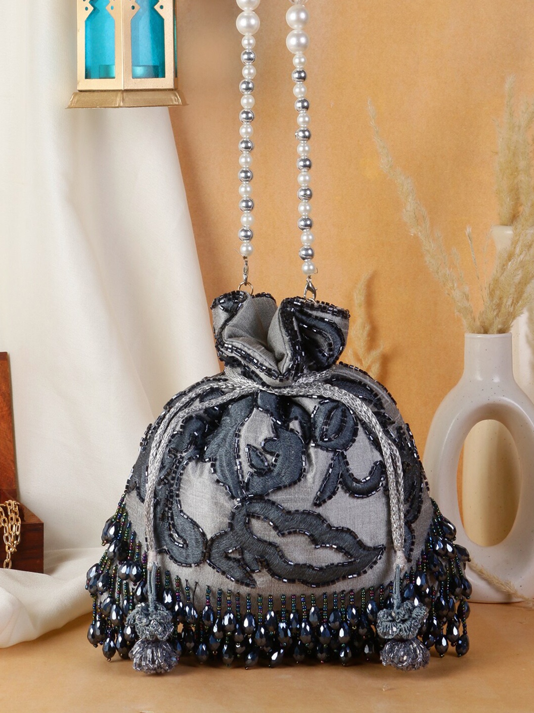 

Swisni Embroidered Potli Clutch, Grey