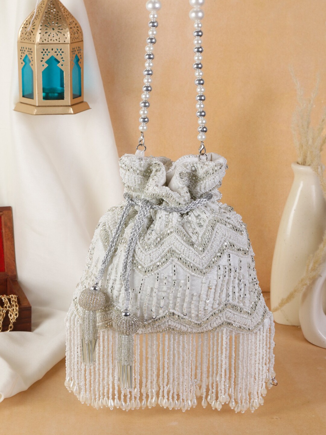 

Swisni Embroidered Potli Clutch, White