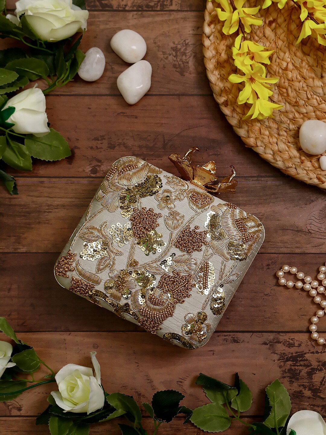 

Swisni Embroidered Embellished Box Clutch, Cream