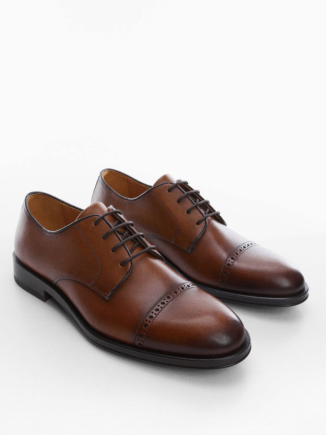 

MANGO MAN Leather Derbys with Brogue Detail, Brown