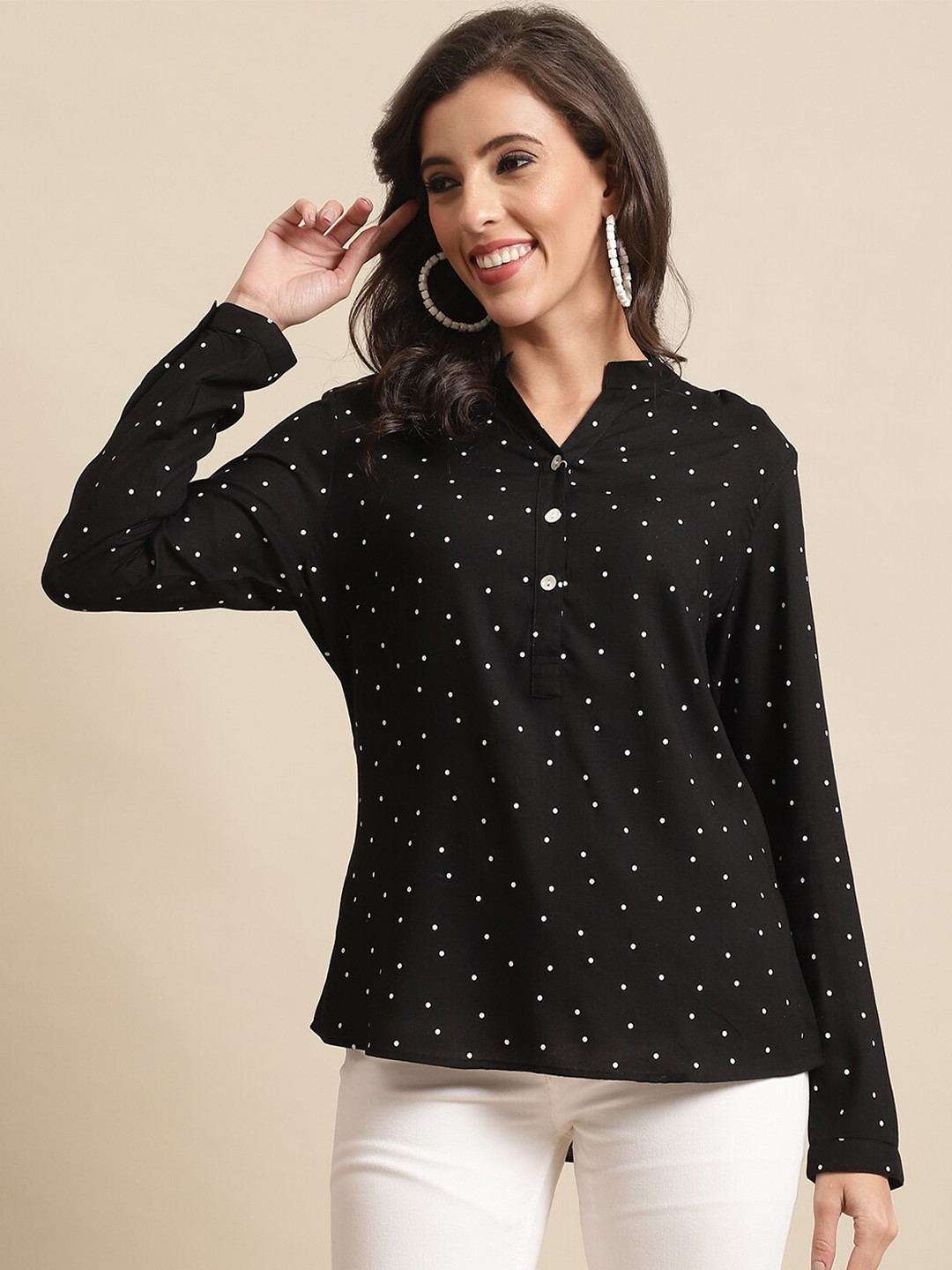 

Cantabil Print Mandarin Collar Shirt Style Top, Black