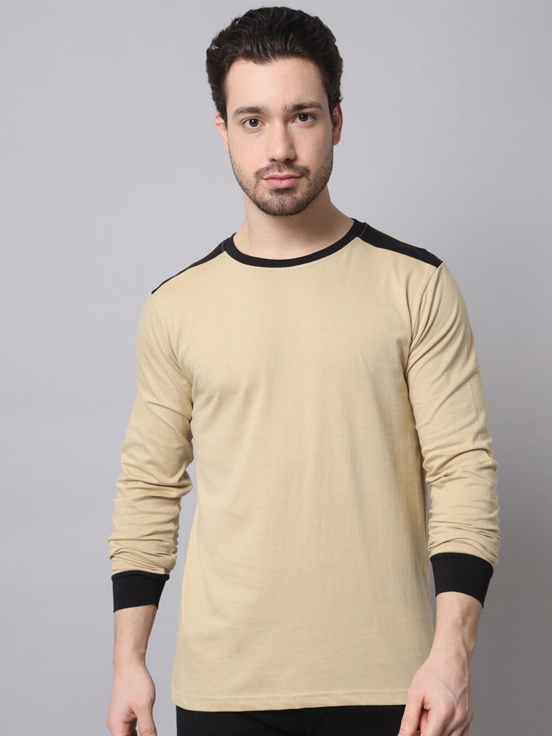 

Trends Tower Men Solid Cotton T-shirt, Beige