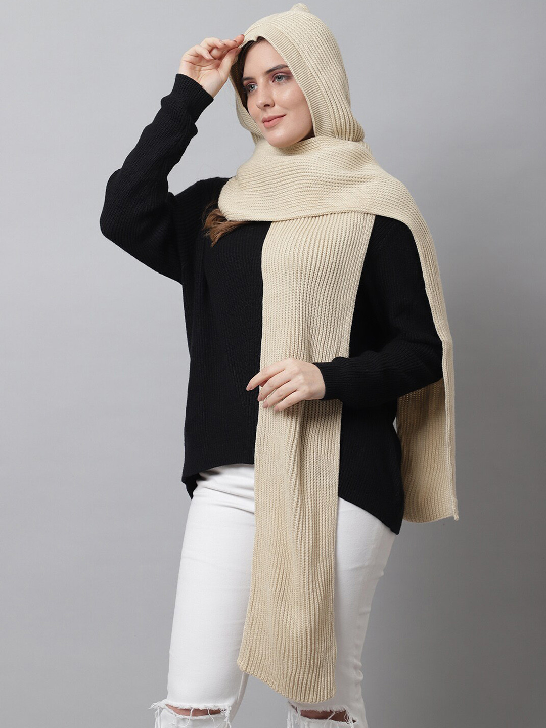 

ELLIS Women Self-Design Knitted Acrylic Muffler, Cream