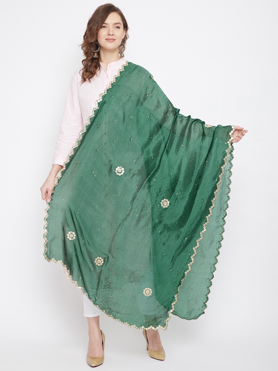 

Clora Creation Embroidered Dupatta with Gotta Patti, Green